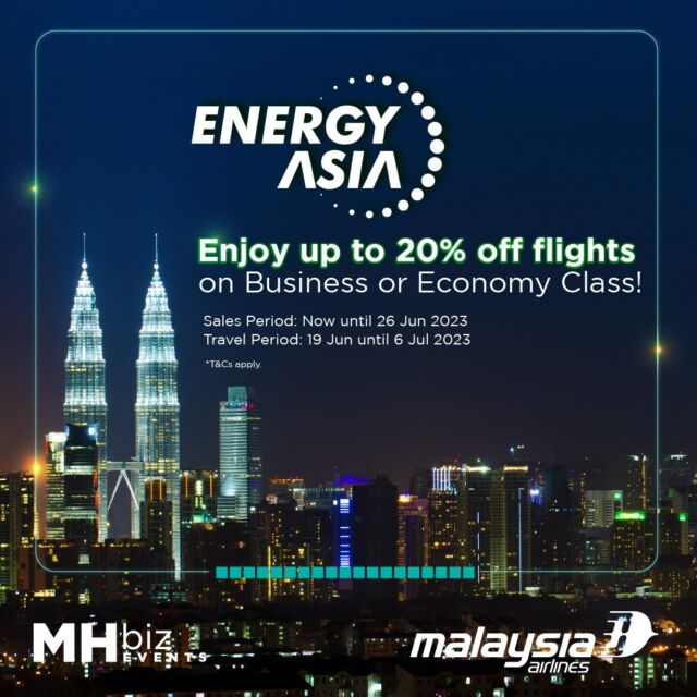 Fly with Malaysia Airlines to Kuala Lumpur to enjoy exclusive flight deals to attend Energy Asia!
Enjoy up to 20% off flights on Business and Economy Class.Sales Period: Now until 26 Jun 2023
Travel Period: 19 Jun until 6 Jul 2023
*T&Cs applyVisit www.malaysiaairlines.com/energyasia for more info.#EnergyAsia #EnergyAsia2023 #PETRONAS #EnergyTransition #NetZero
