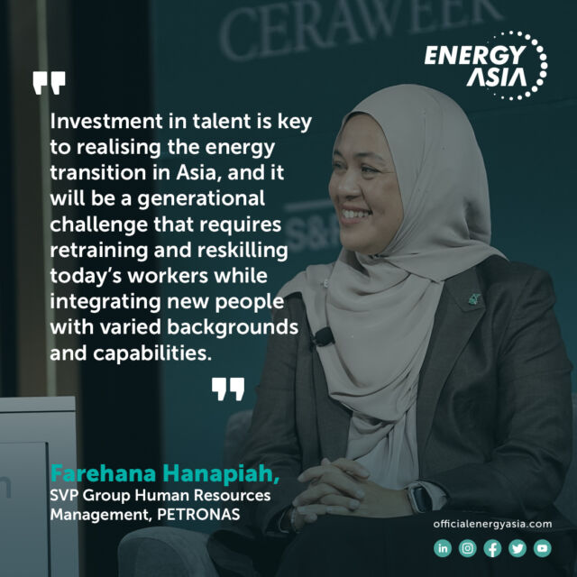 “Investment in talent is key to realising the energy transition in Asia, and it will be a generational challenge that requires retraining and reskilling today’s workers while integrating new people with varied backgrounds and capabilities.” Farehana Hanapiah, SVP Group Human Resources Management, PETRONAS.The energy transition will necessitate a seismic shift in industry talent in Asia and beyond, creating a new imperative for companies to invest in retraining, reskilling, and repositioning high-quality workers to ensure a fair transformation of the regional employment landscape. Hear what the experts have to say, and get to grips with what this means for your organisation, at Energy Asia, 26 to 28 June, Kuala Lumpur.#EnergyAsia #EnergyAsia2023 #PETRONAS #CERAWeek #EnergyTransition #NetZero #JobsTransition